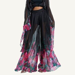 AKIRA Julie Floral Mesh Wide Leg Trouser Sheer Overlay High Rise XL